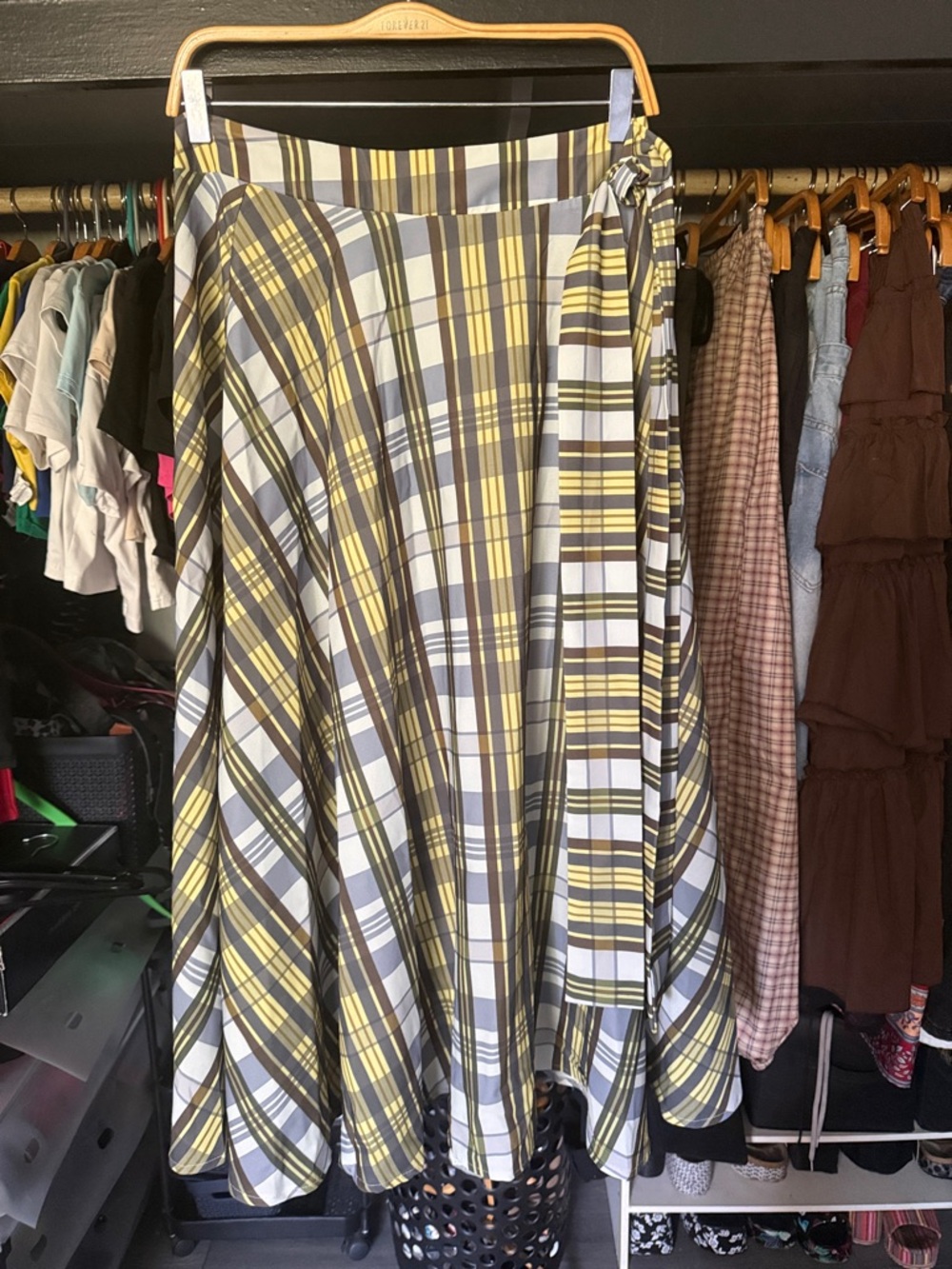 Plaid Wrap Midi Skirt - Yellow & Gray